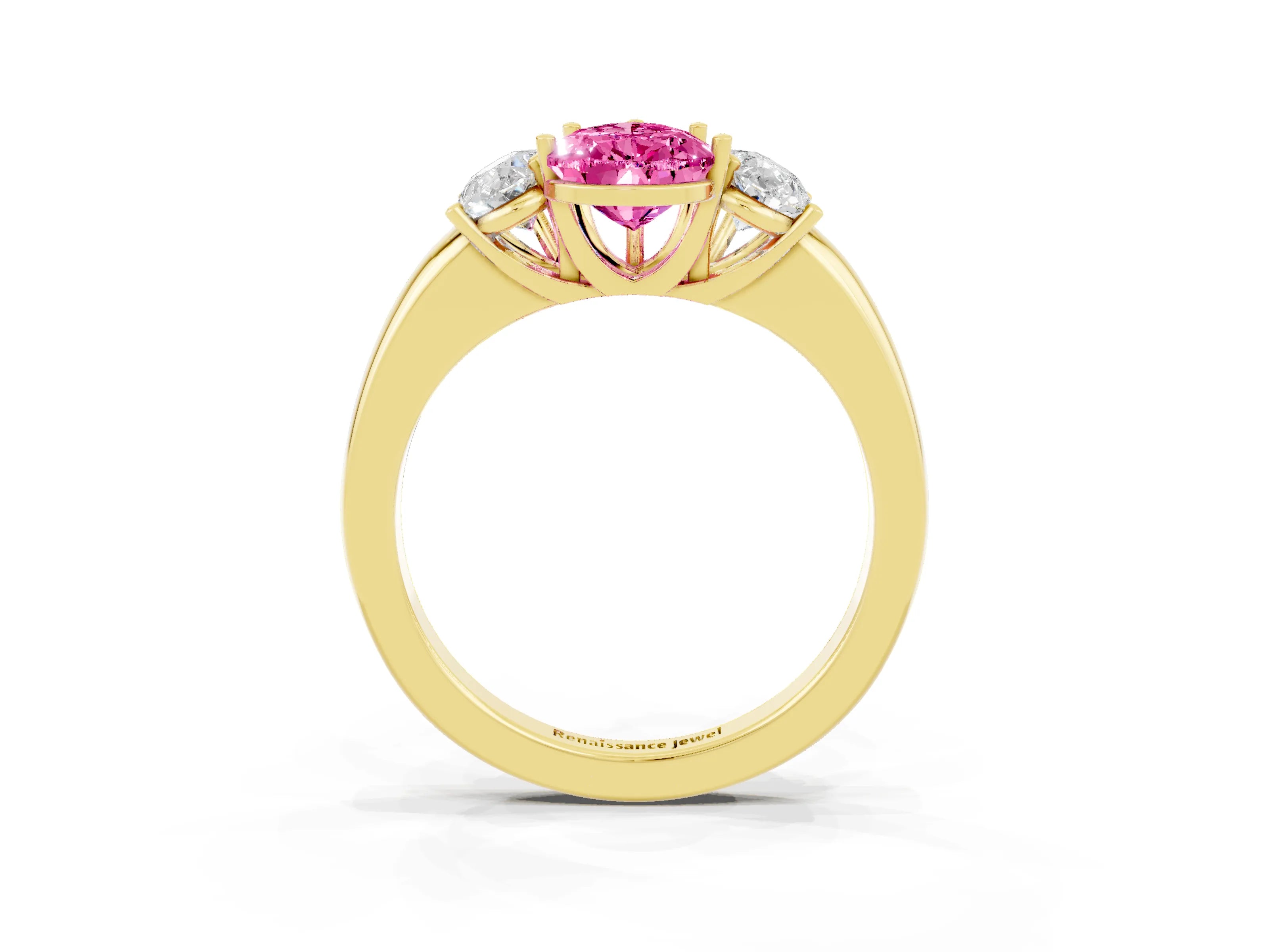 Yellow gold Pear Cut Pink Sapphire Three-Stone Ring with Four-Prong Setting and Classic Band_3