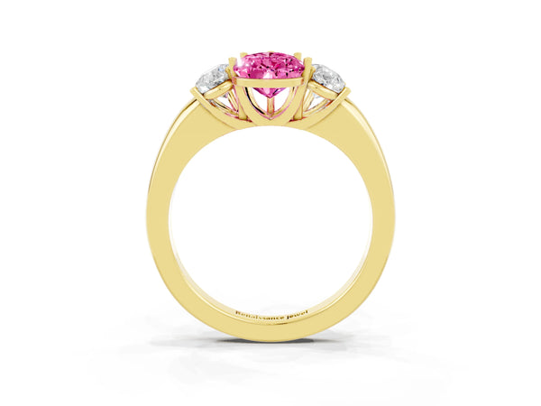 Yellow gold Pear Cut Pink Sapphire Three-Stone Ring with Four-Prong Setting and Classic Band