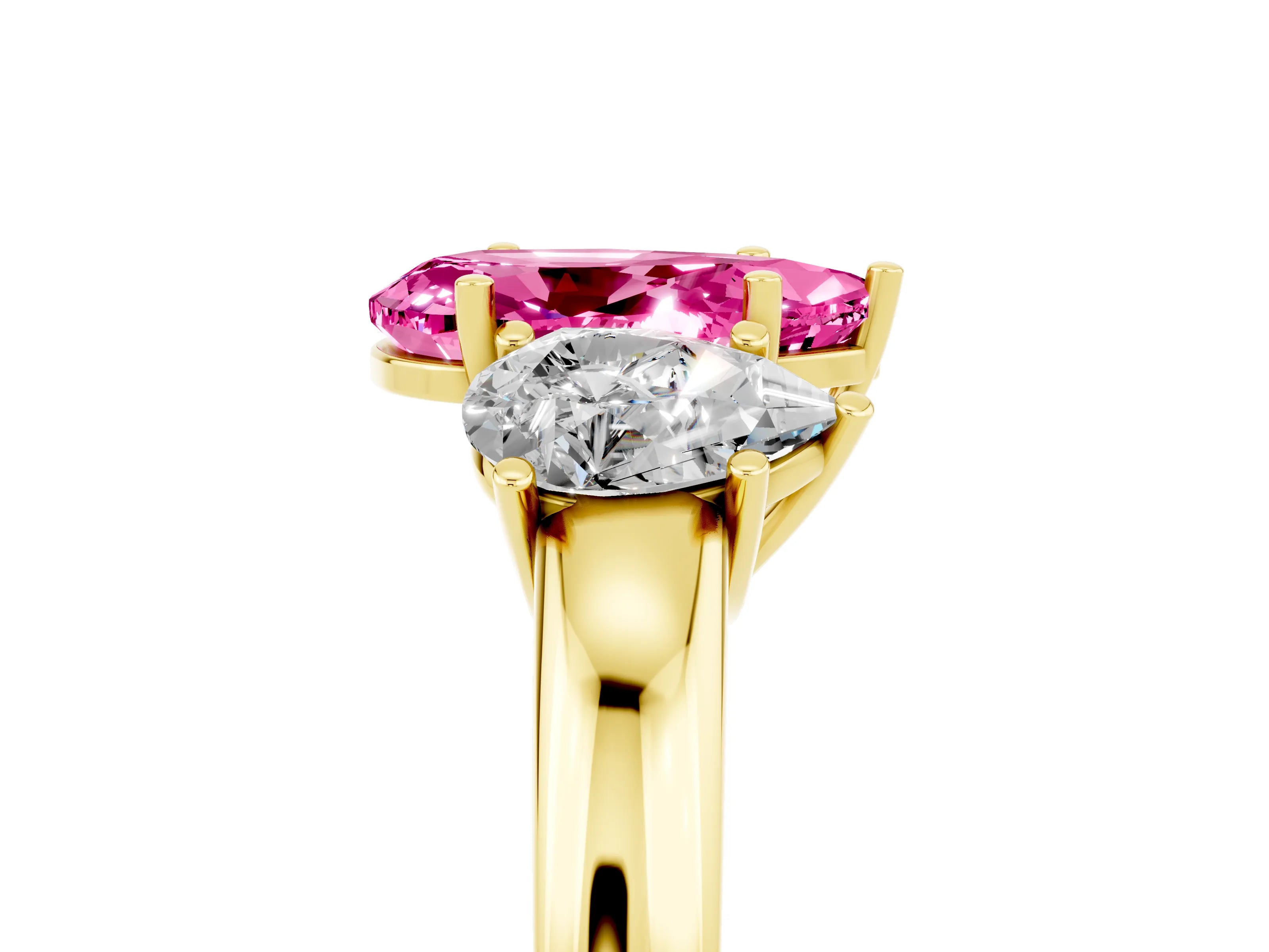 Yellow gold Pear Cut Pink Sapphire Three-Stone Ring with Four-Prong Setting and Classic Band_5