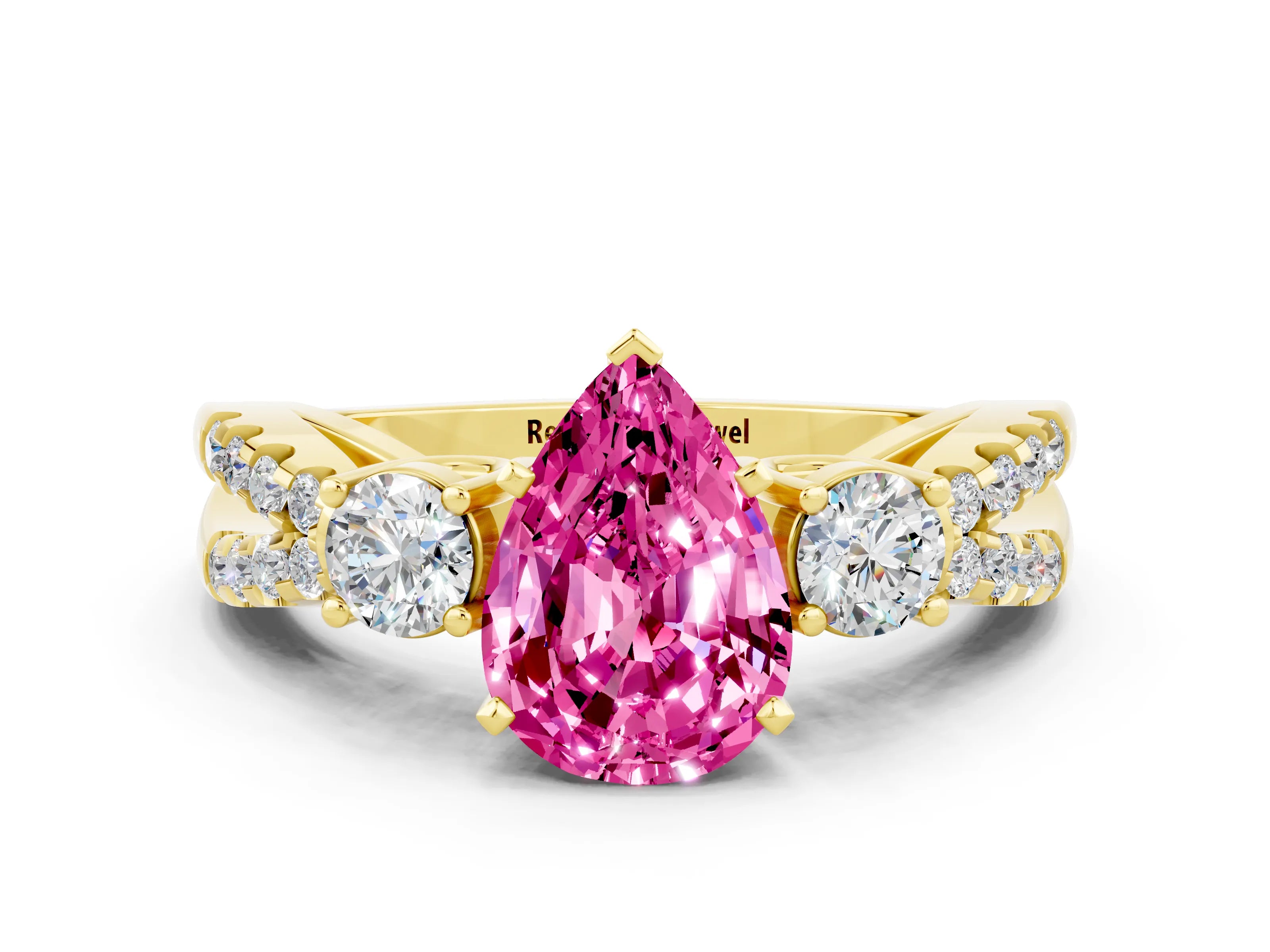 Yellow gold Pear Cut Pink Sapphire Three-Stone Ring with Pavé Split Shank and Four-Prong Setting_36