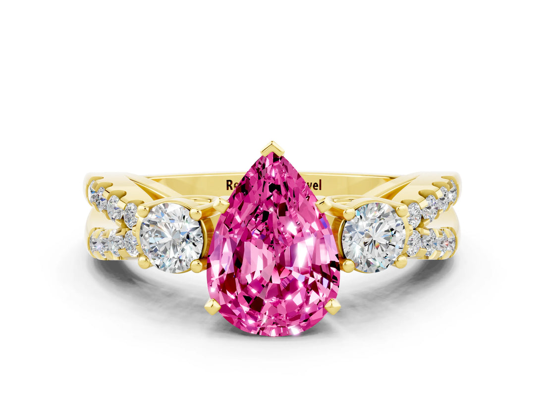 Yellow gold Pear Cut Pink Sapphire Three-Stone Ring with Pavé Split Shank and Four-Prong Setting_36