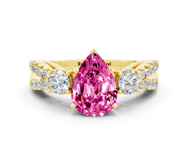 Yellow gold Pear Cut Pink Sapphire Three-Stone Ring with Pavé Split Shank and Four-Prong Setting