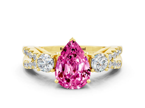 Yellow gold Pear Cut Pink Sapphire Three-Stone Ring with Pavé Split Shank and Four-Prong Setting_36