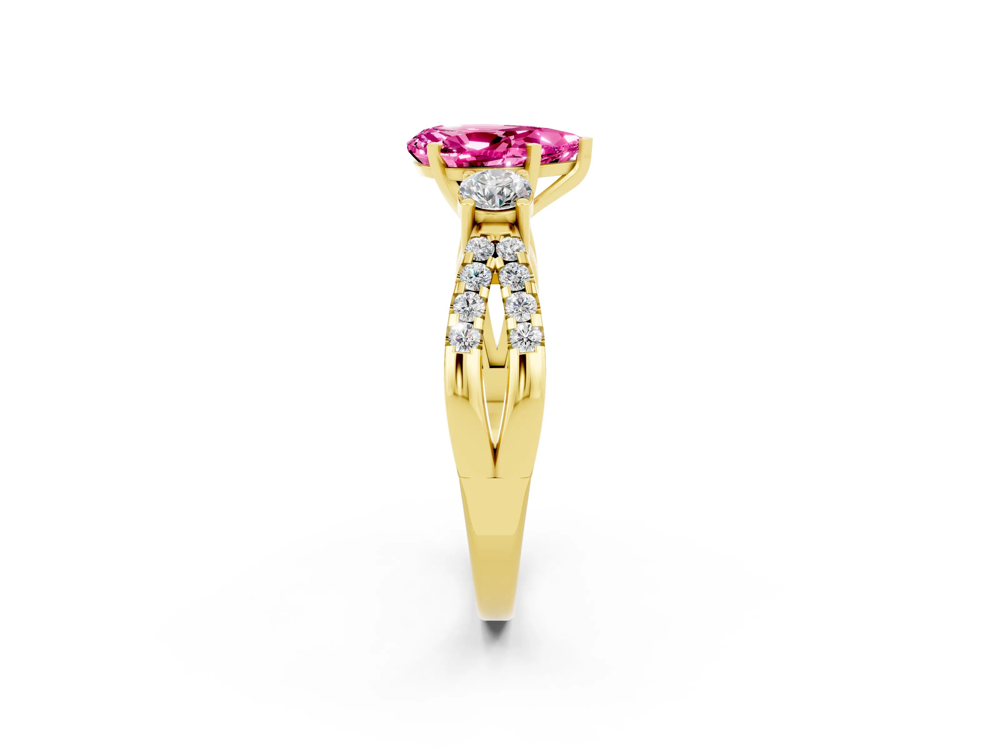 Yellow gold Pear Cut Pink Sapphire Three-Stone Ring with Pavé Split Shank and Four-Prong Setting_38