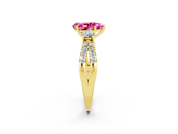 Yellow gold Pear Cut Pink Sapphire Three-Stone Ring with Pavé Split Shank and Four-Prong Setting