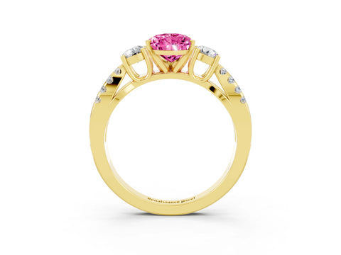 Yellow gold Pear Cut Pink Sapphire Three-Stone Ring with Pavé Split Shank and Four-Prong Setting_39