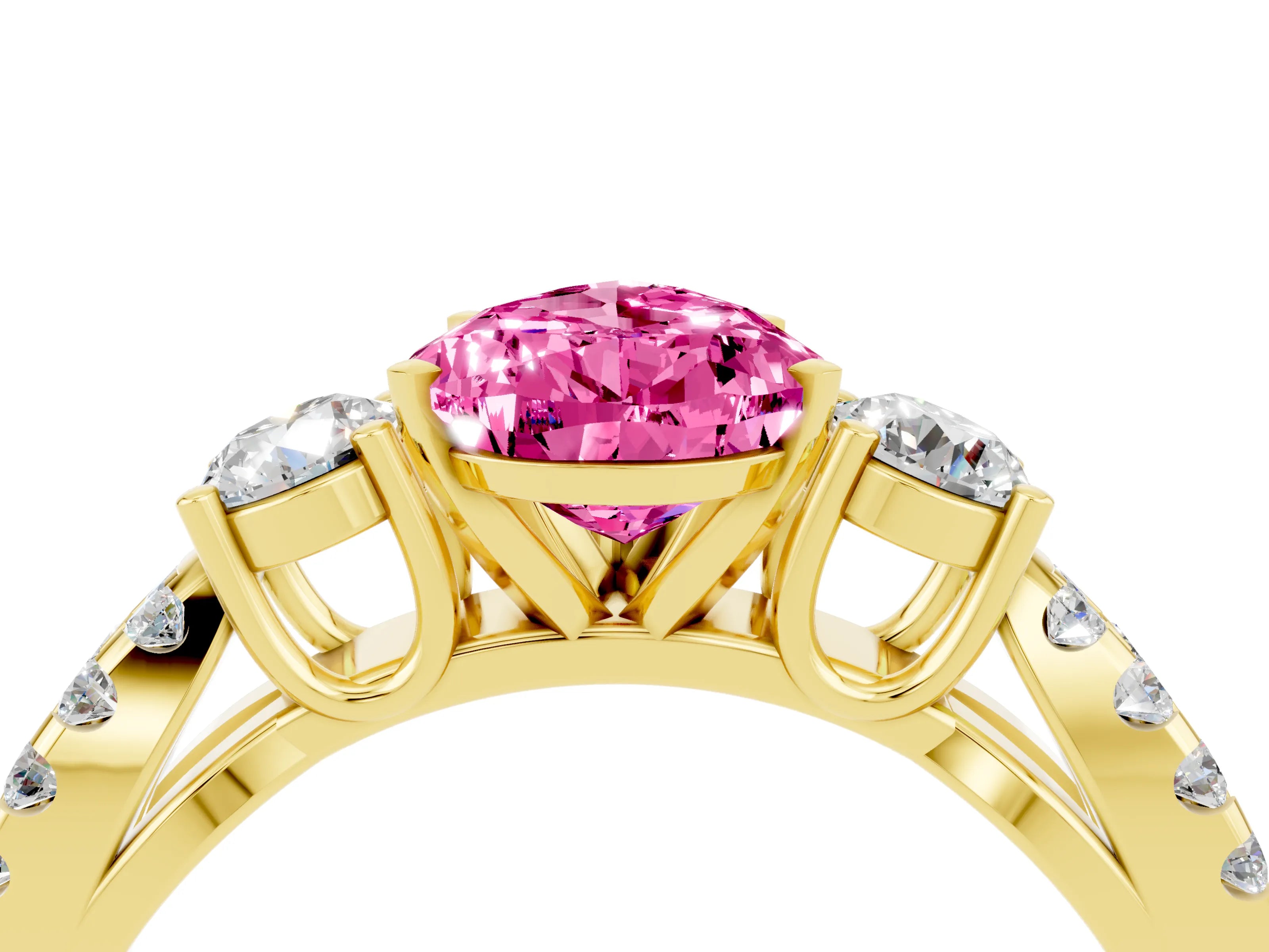 Yellow gold Pear Cut Pink Sapphire Three-Stone Ring with Pavé Split Shank and Four-Prong Setting_40
