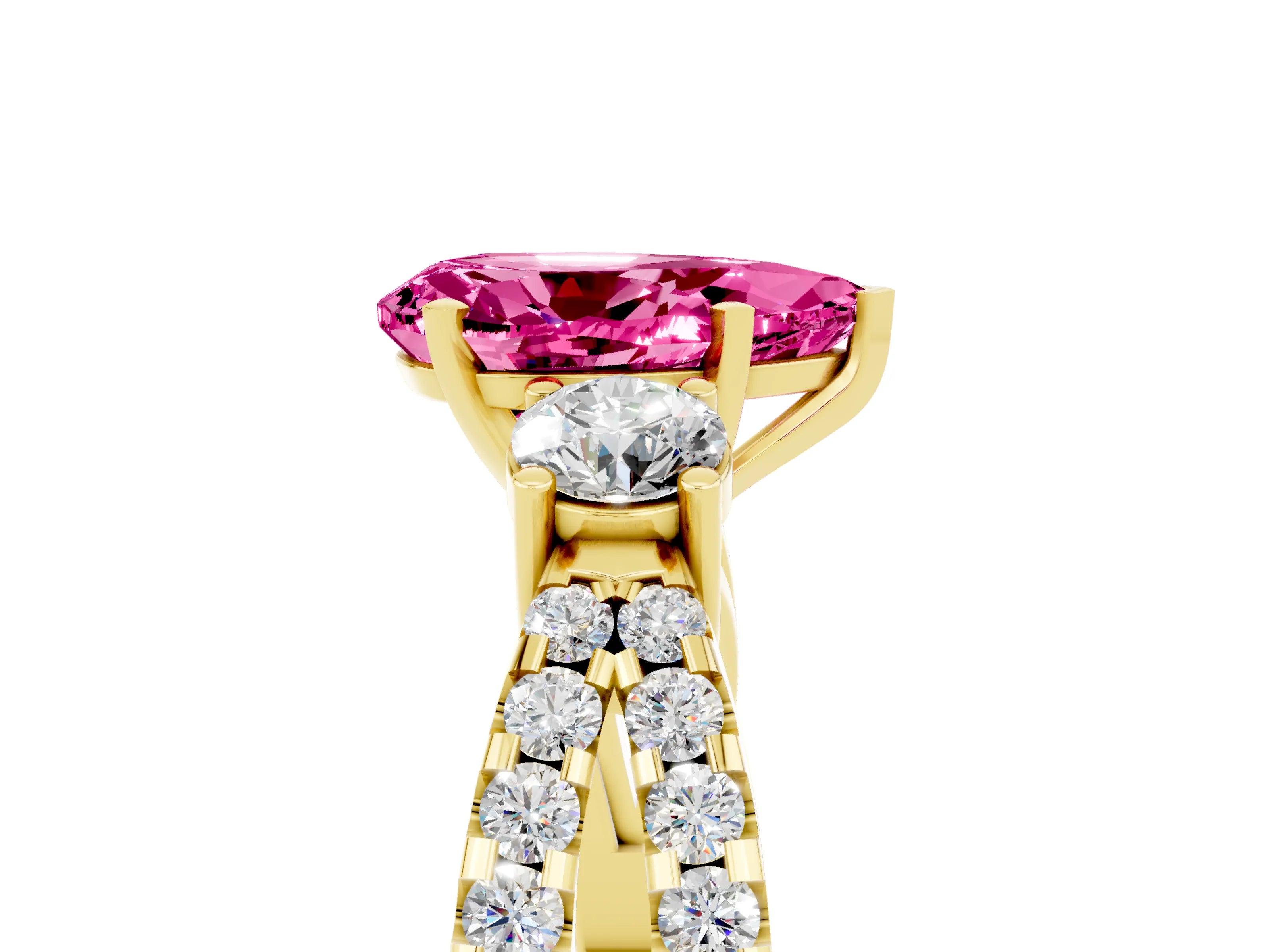Yellow gold Pear Cut Pink Sapphire Three-Stone Ring with Pavé Split Shank and Four-Prong Setting_41
