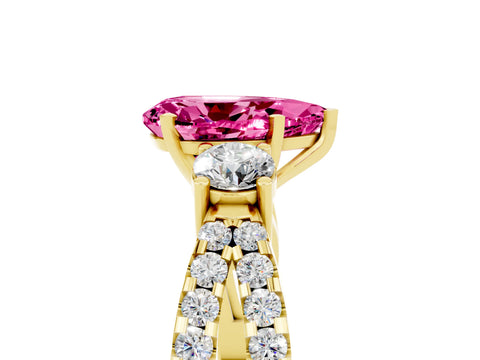 Yellow gold Pear Cut Pink Sapphire Three-Stone Ring with Pavé Split Shank and Four-Prong Setting_41