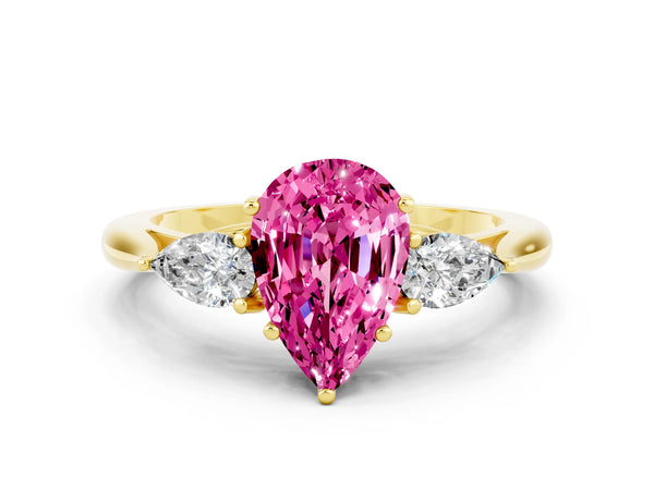 Yellow gold Pear Cut Pink Sapphire Three-Stone Ring with Pear  Side Stones and Prong Setting