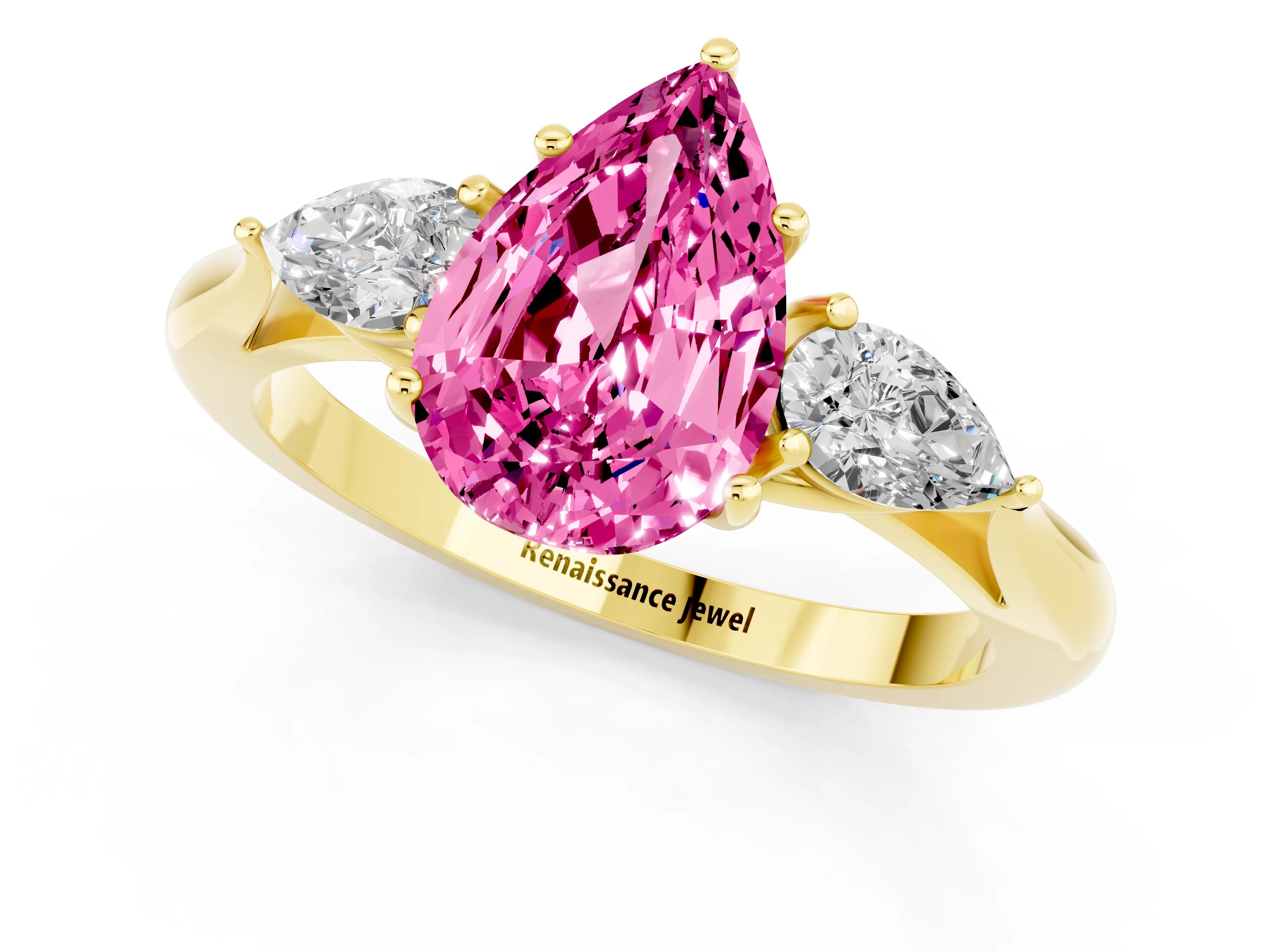 Yellow gold Pear Cut Pink Sapphire Three-Stone Ring with Pear Side Stones and Four-Prong Setting_13