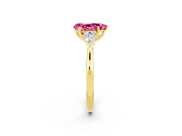 Yellow gold Pear Cut Pink Sapphire Three-Stone Ring with Pear  Side Stones and Prong Setting