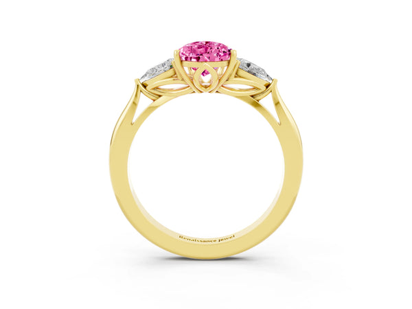 Yellow gold Pear Cut Pink Sapphire Three-Stone Ring with Pear  Side Stones and Prong Setting