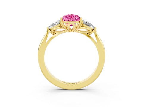Yellow gold Pear Cut Pink Sapphire Three-Stone Ring with Pear Side Stones and Four-Prong Setting_15