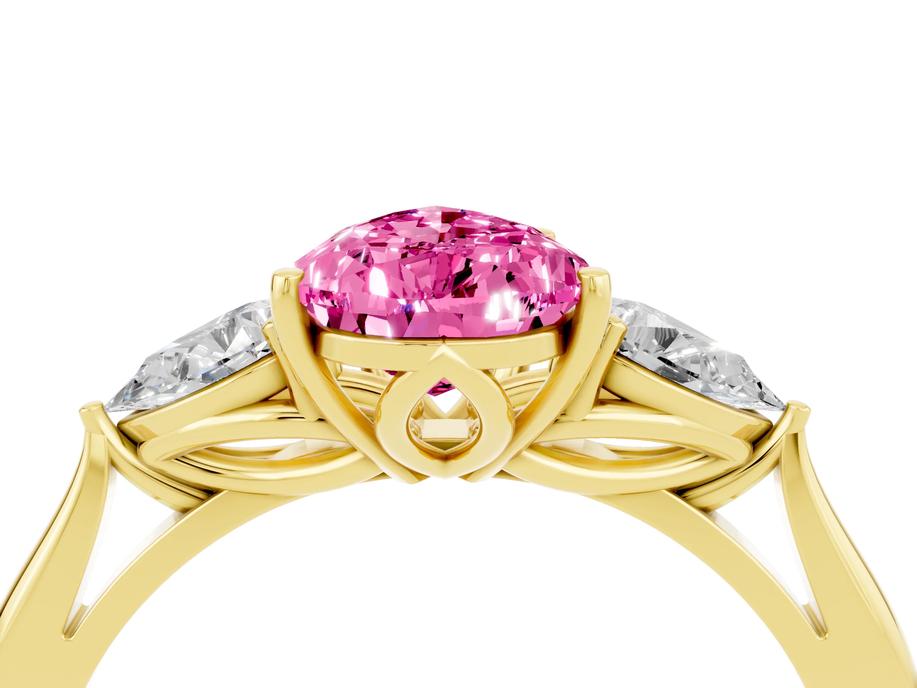 Yellow gold Pear Cut Pink Sapphire Three-Stone Ring with Pear Side Stones and Four-Prong Setting_16