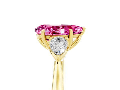 Yellow gold Pear Cut Pink Sapphire Three-Stone Ring with Pear Side Stones and Four-Prong Setting_17