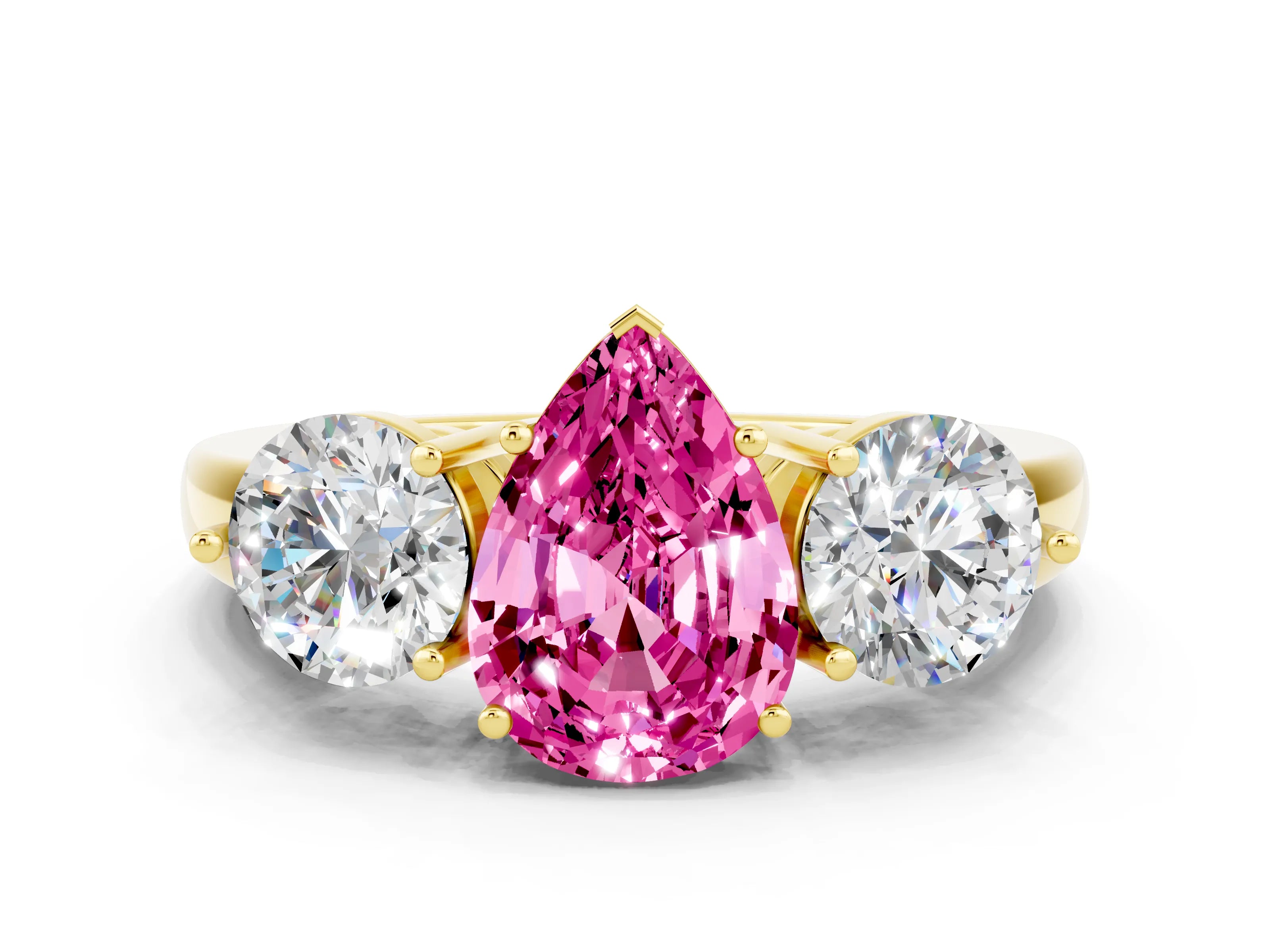 Yellow gold Pear Cut Pink Sapphire Three-Stone Ring with Prong Setting and Classic Band