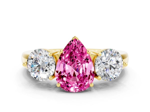 Yellow gold Pear Cut Pink Sapphire Three-Stone Ring with Prong Setting and Classic Band