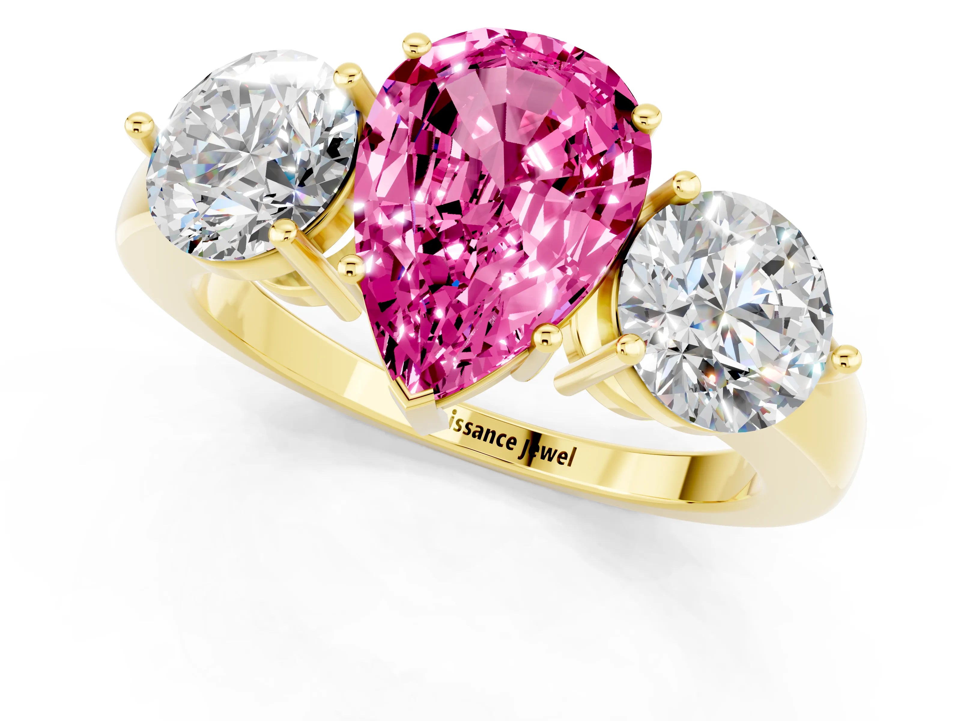 Yellow gold Pear Cut Pink Sapphire Three-Stone Ring with Prong Setting and Classic Band_1