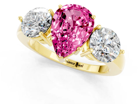 Yellow gold Pear Cut Pink Sapphire Three-Stone Ring with Prong Setting and Classic Band_1