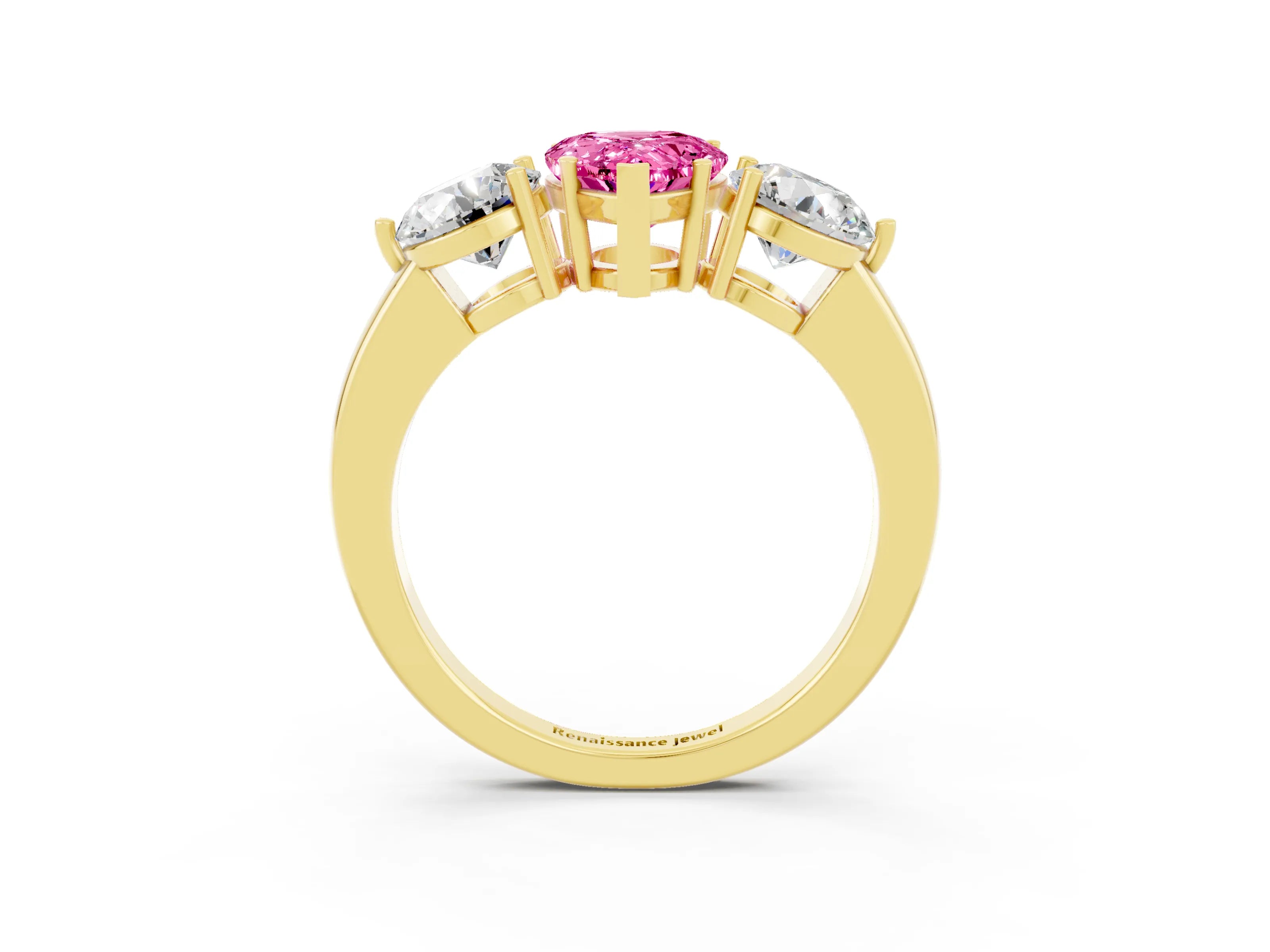 Yellow gold Pear Cut Pink Sapphire Three-Stone Ring with Prong Setting and Classic Band_3