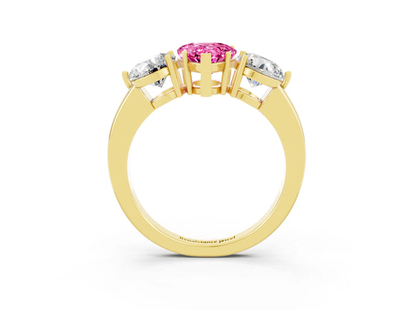 Yellow gold Pear Cut Pink Sapphire Three-Stone Ring with Prong Setting and Classic Band