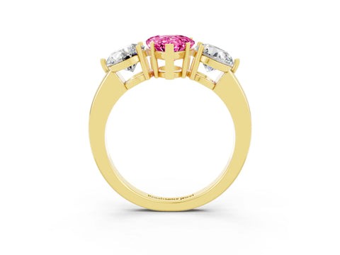 Yellow gold Pear Cut Pink Sapphire Three-Stone Ring with Prong Setting and Classic Band_3