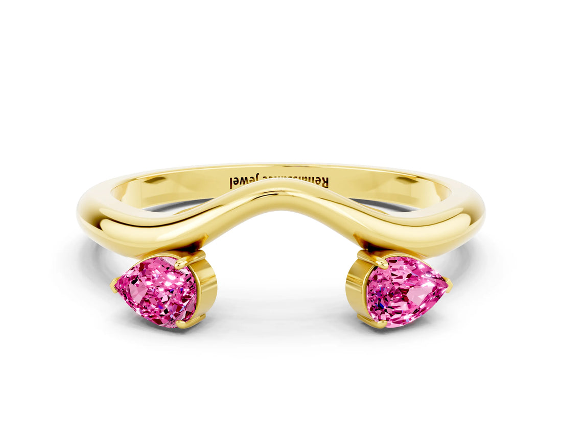 Yellow gold Pear Cut Pink Sapphire Two-Stone Open Band Ring with Prong Setting_18