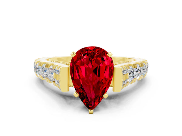 Yellow gold Pear Cut Ruby Classic Solitaire Ring with Pavé Band and Four-Prong Setting