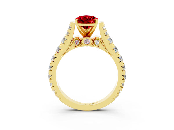 Yellow gold Pear Cut Ruby Classic Solitaire Ring with Pavé Band and Four-Prong Setting