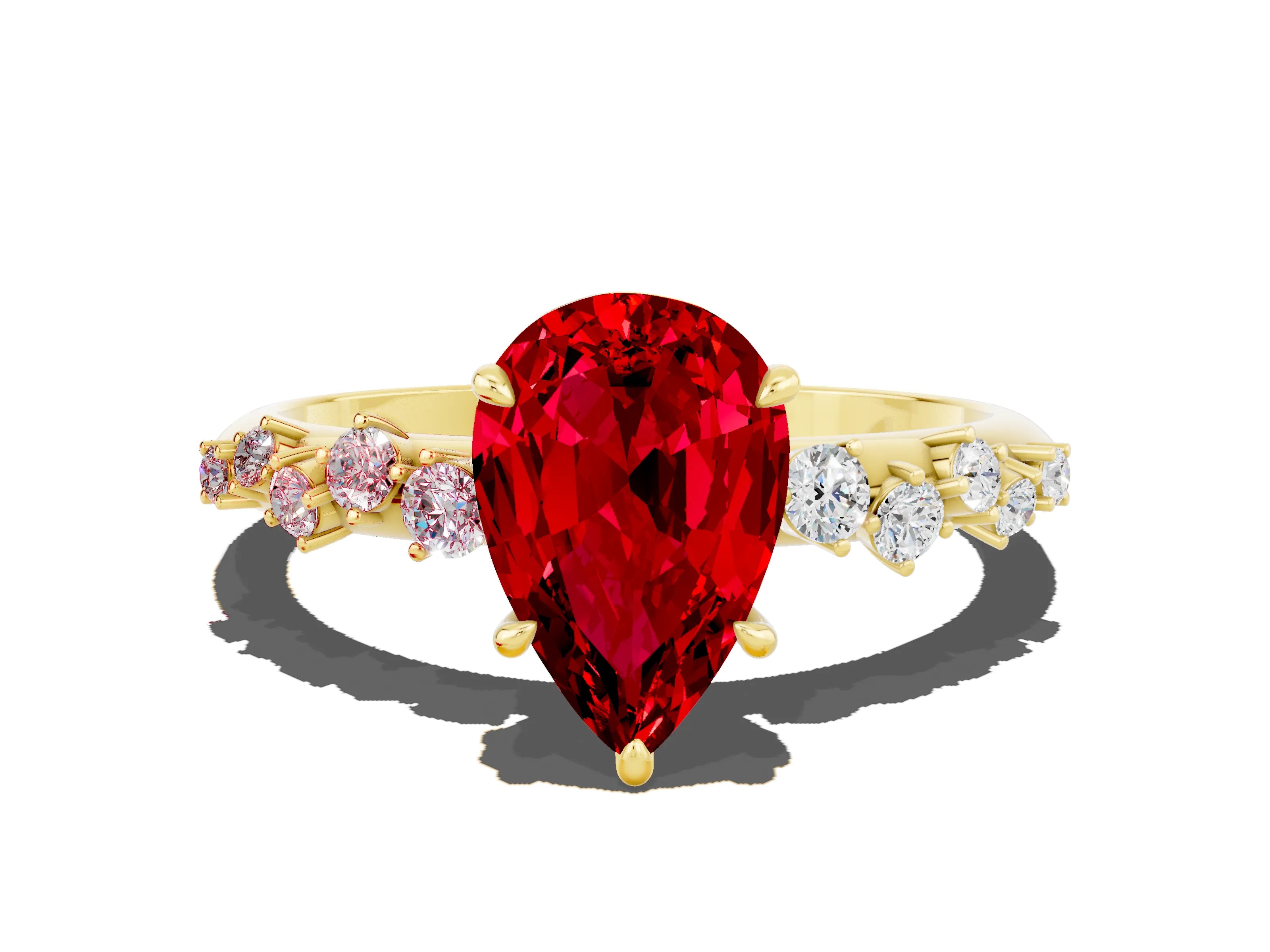 Yellow gold Pear Cut Ruby Cluster Side Stone Solitaire Ring with Prong Setting_24