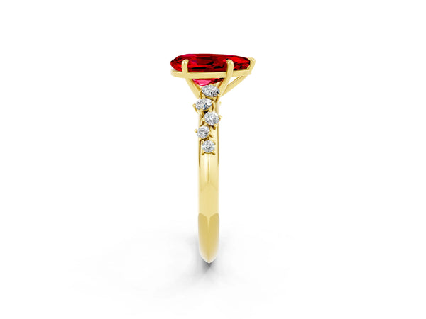 Yellow gold Pear Cut Ruby Cluster Side Stone Solitaire Ring with Prong Setting