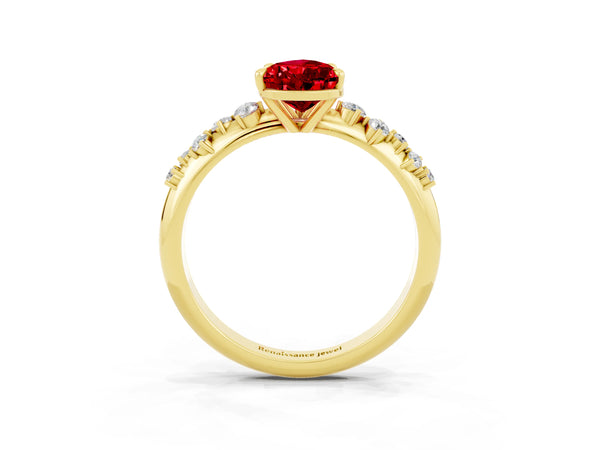 Yellow gold Pear Cut Ruby Cluster Side Stone Solitaire Ring with Prong Setting