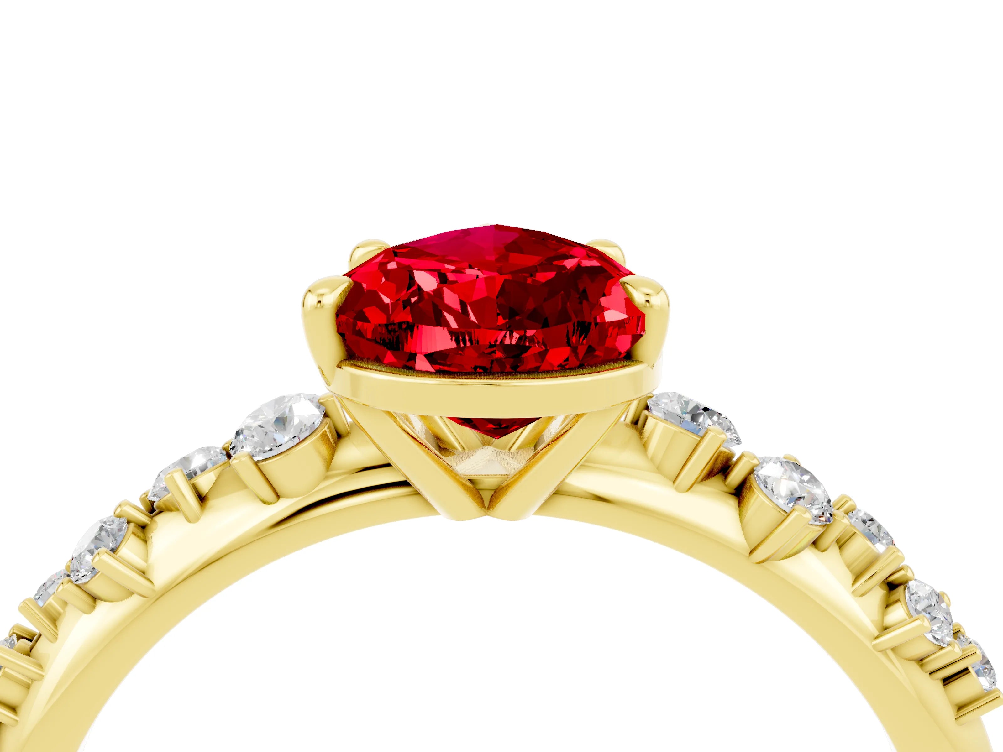 Yellow gold Pear Cut Ruby Cluster Side Stone Solitaire Ring with Prong Setting_28
