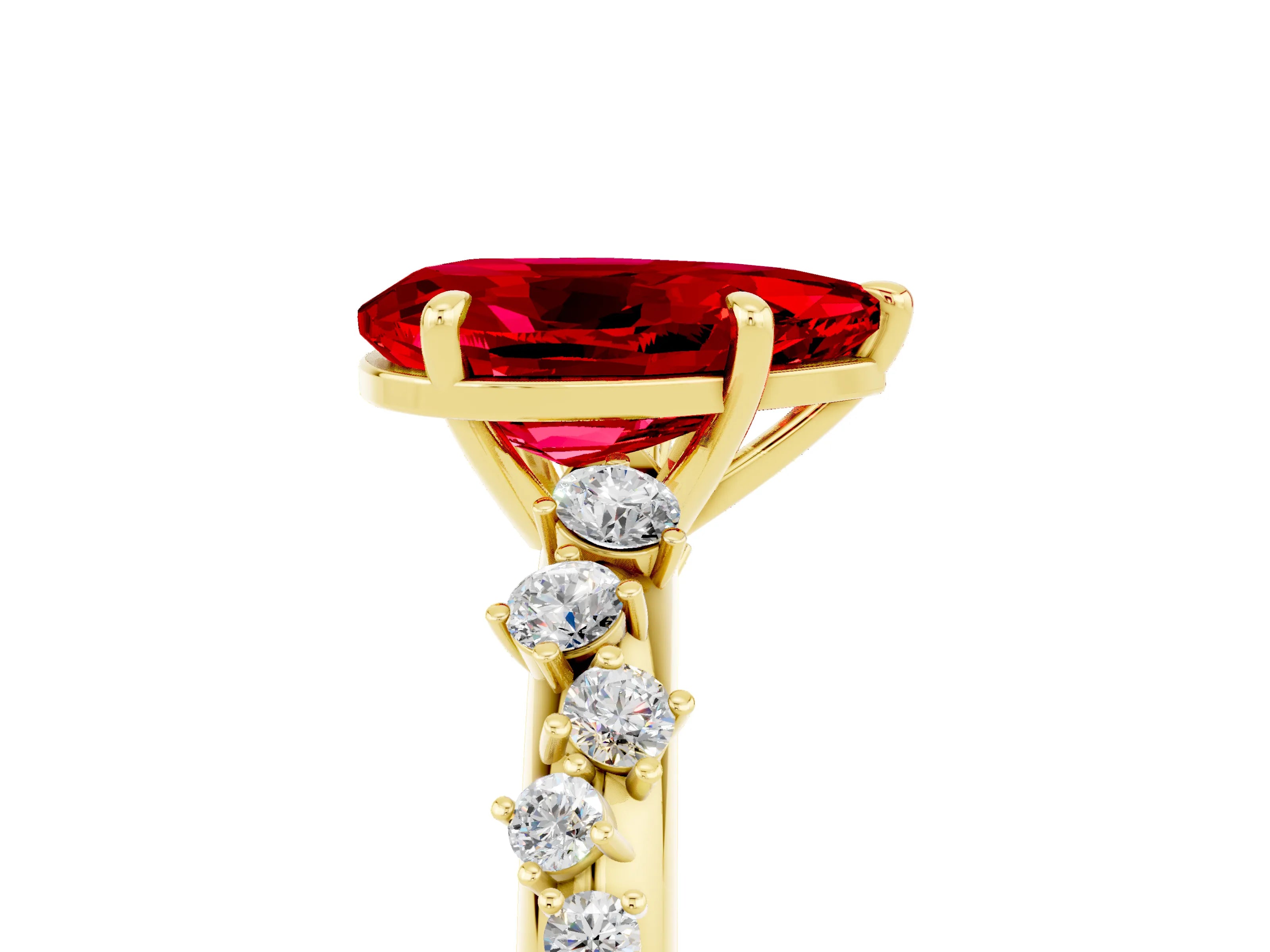 Yellow gold Pear Cut Ruby Cluster Side Stone Solitaire Ring with Prong Setting_29