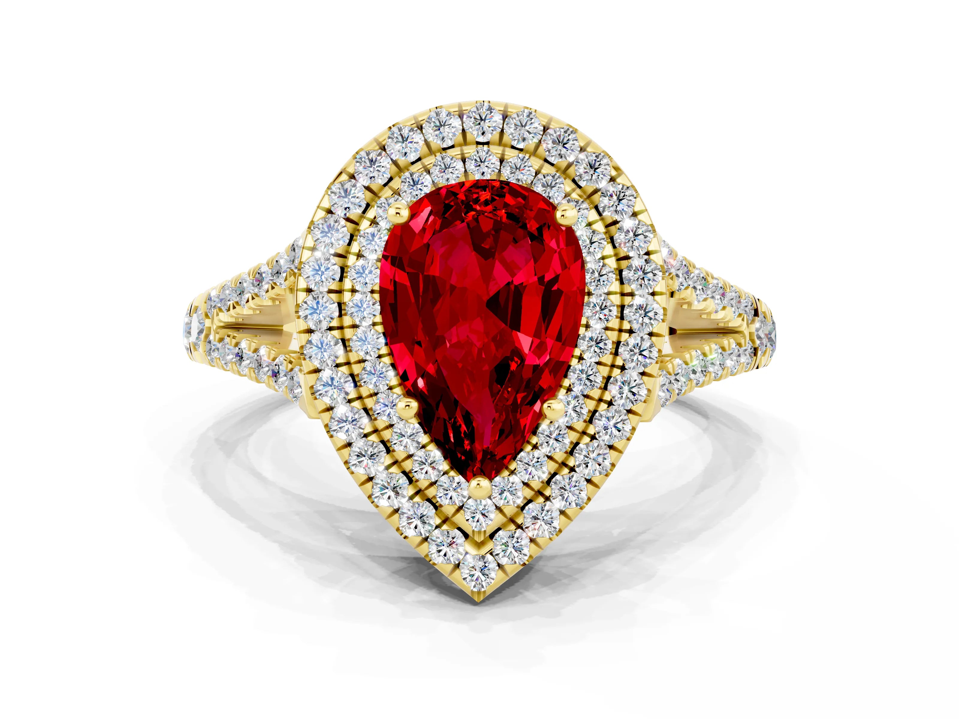 Yellow gold Pear Cut Ruby Double Halo Ring with Pavé Band and Prong Setting_12