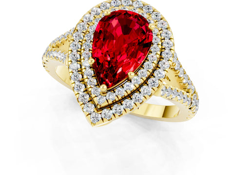 Yellow gold Pear Cut Ruby Double Halo Ring with Pavé Band and Prong Setting_13