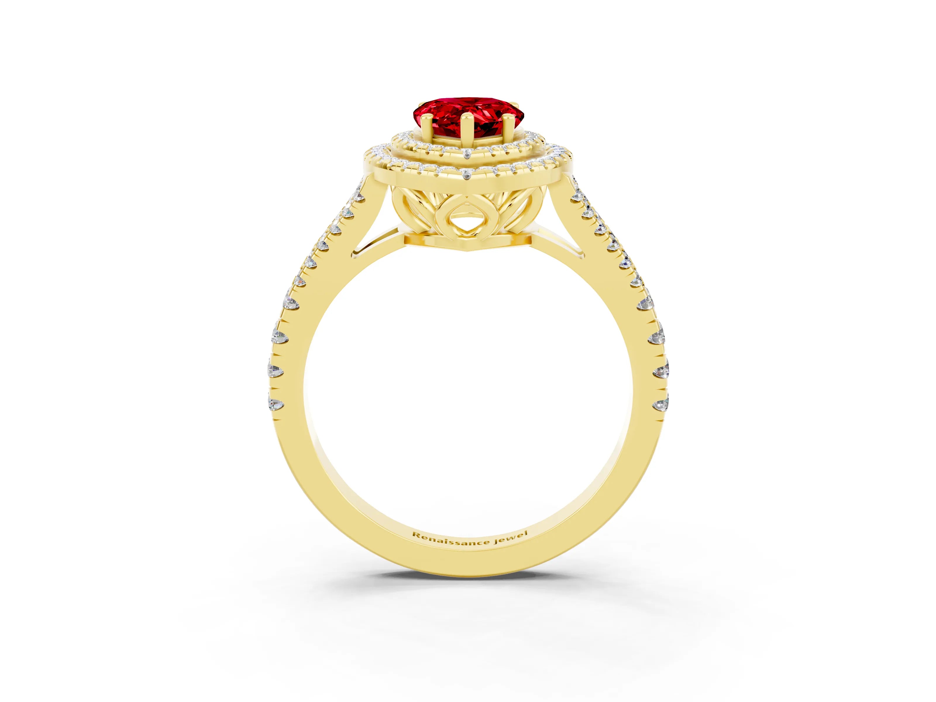 Yellow gold Pear Cut Ruby Double Halo Ring with Pavé Band and Prong Setting_15