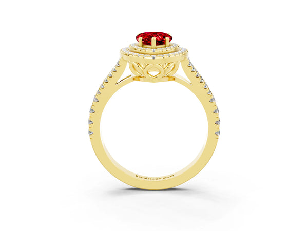 Yellow gold Pear Cut Ruby Double Halo Ring with Pavé Band and Prong Setting