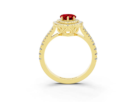 Yellow gold Pear Cut Ruby Double Halo Ring with Pavé Band and Prong Setting_15