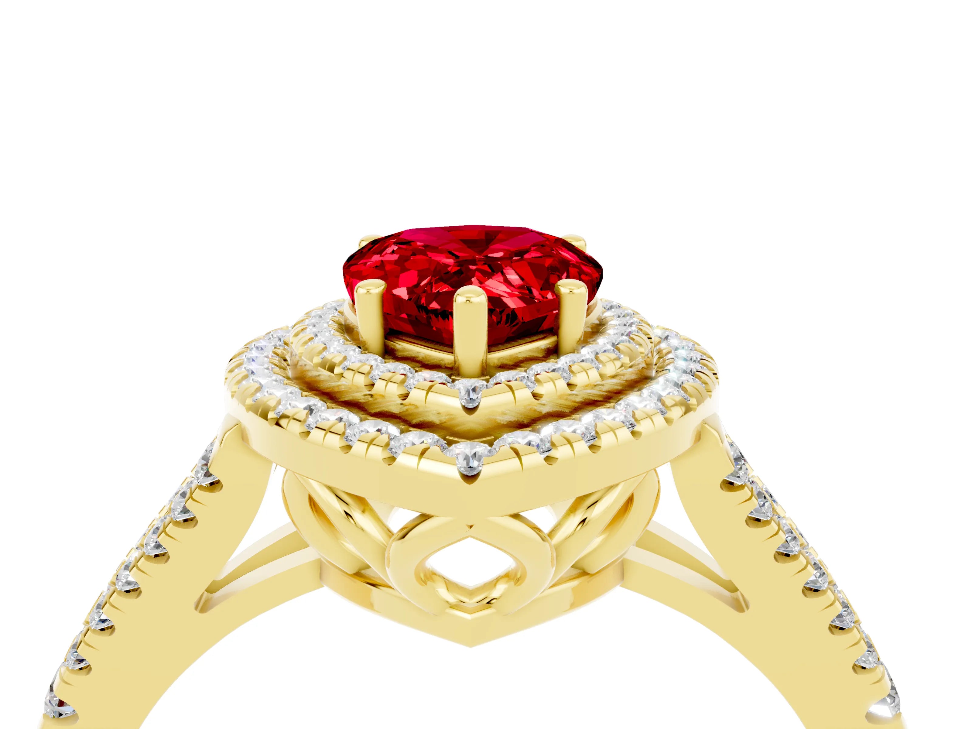 Yellow gold Pear Cut Ruby Double Halo Ring with Pavé Band and Prong Setting_16