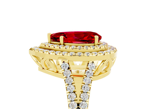 Yellow gold Pear Cut Ruby Double Halo Ring with Pavé Band and Prong Setting_17