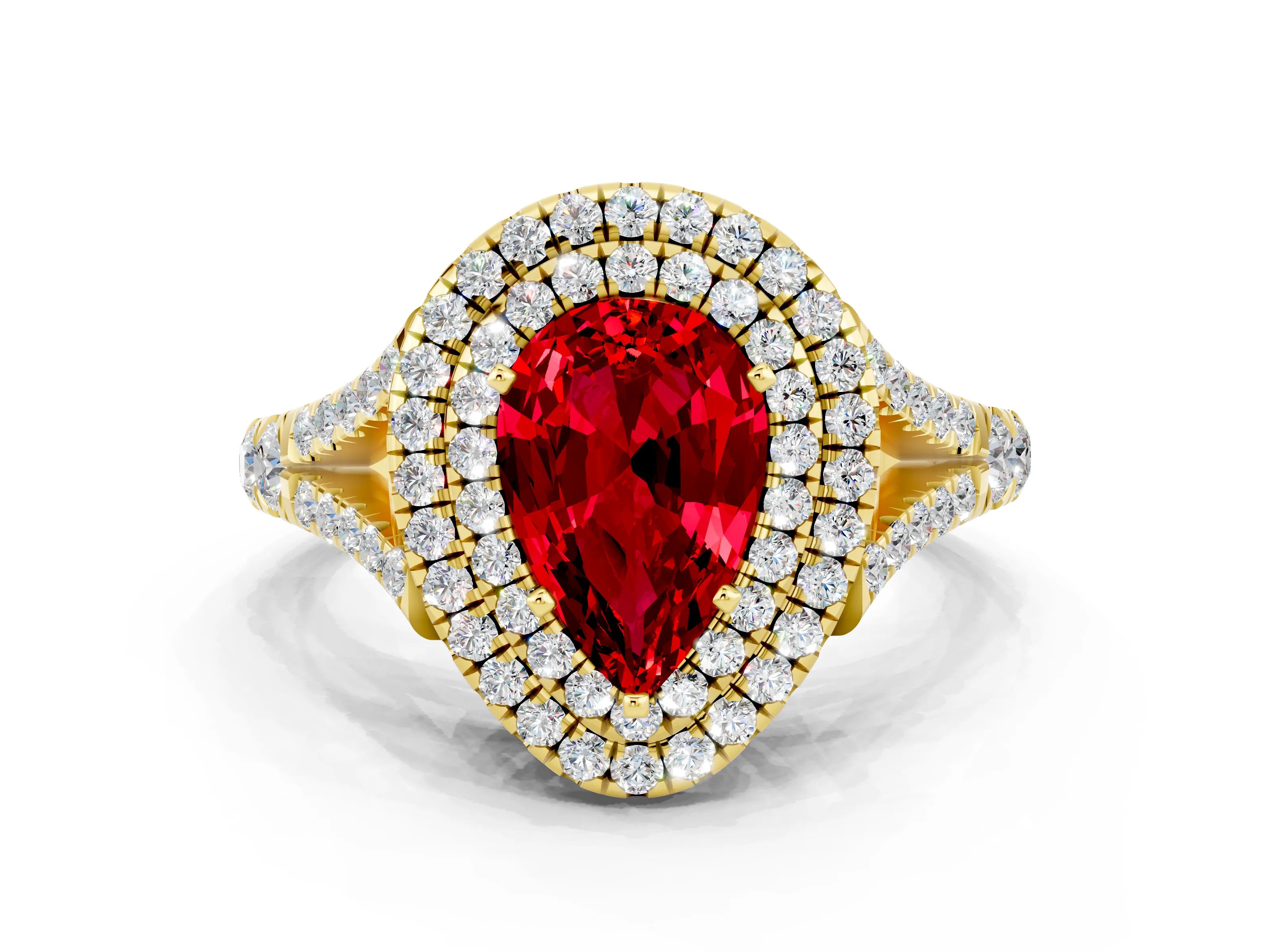 Yellow gold Pear Cut Ruby Double Halo Ring with Split Shank and Prong Setting_12