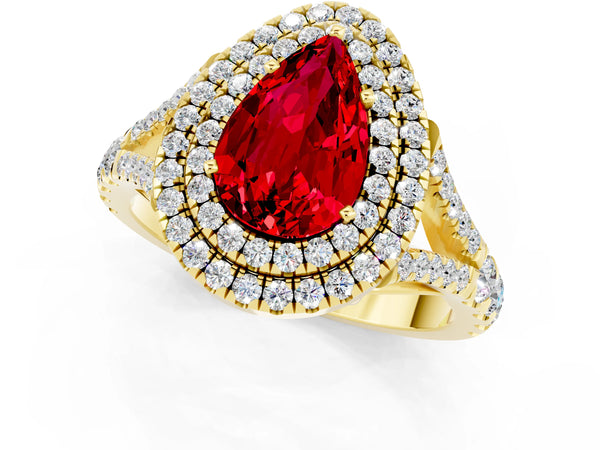 Yellow gold Pear Cut Ruby Double Halo Ring with Split Shank and Prong Setting