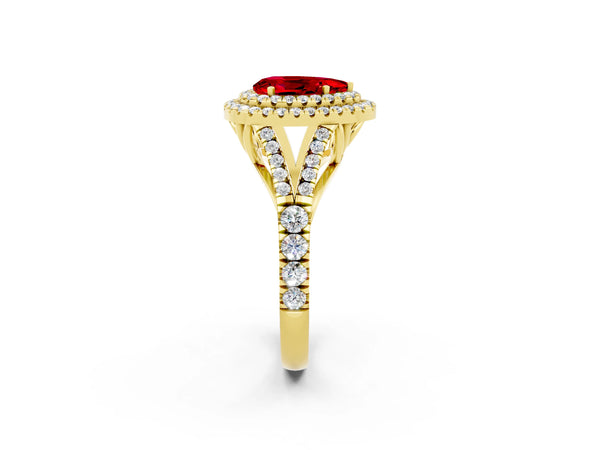 Yellow gold Pear Cut Ruby Double Halo Ring with Split Shank and Prong Setting