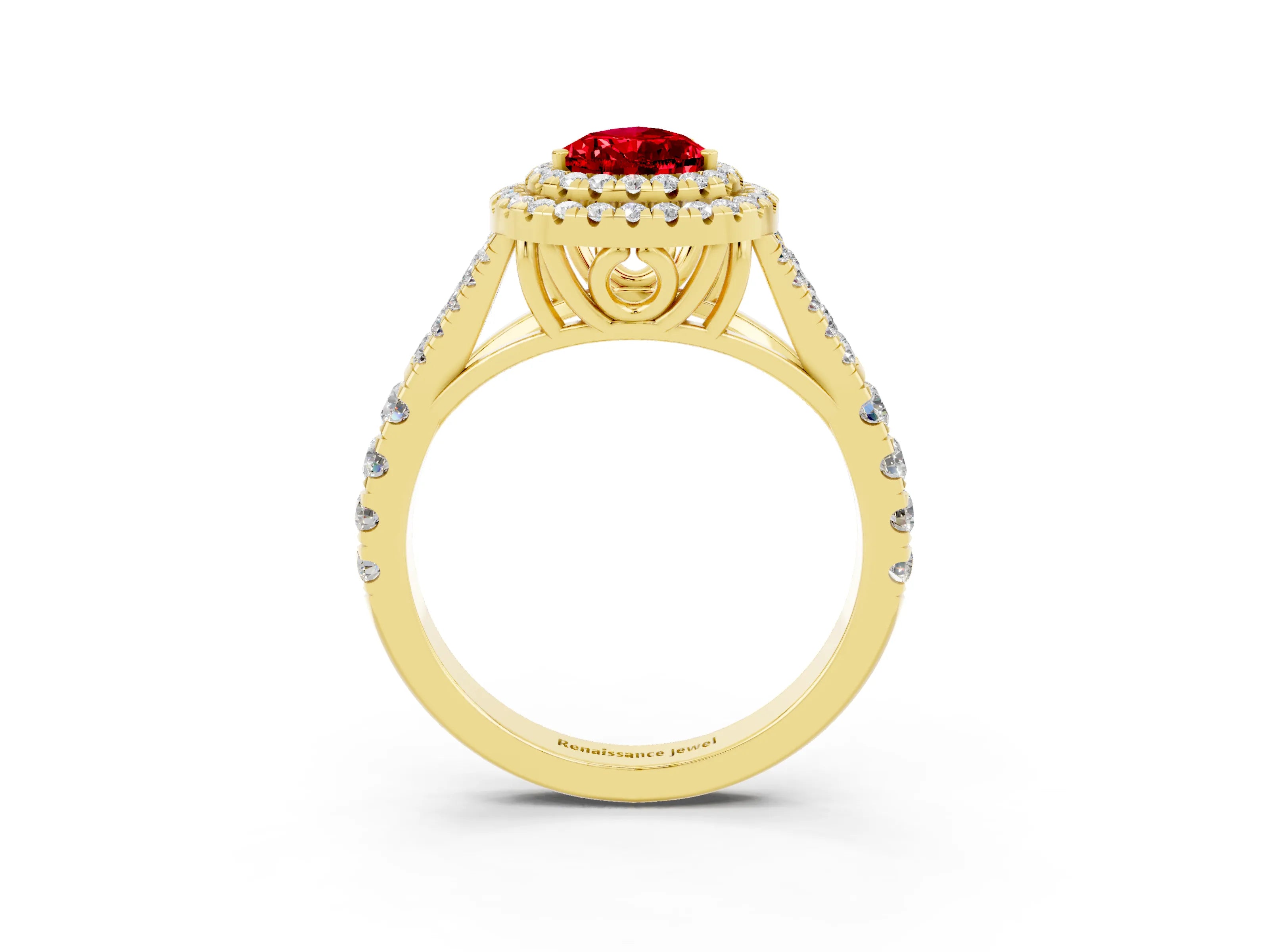 Yellow gold Pear Cut Ruby Double Halo Ring with Split Shank and Prong Setting_15