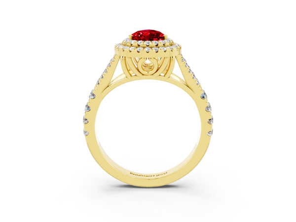 Yellow gold Pear Cut Ruby Double Halo Ring with Split Shank and Prong Setting