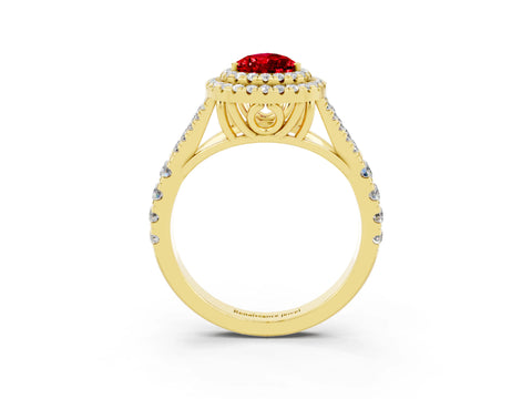 Yellow gold Pear Cut Ruby Double Halo Ring with Split Shank and Prong Setting_15