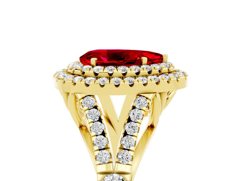 Yellow gold Pear Cut Ruby Double Halo Ring with Split Shank and Prong Setting_17