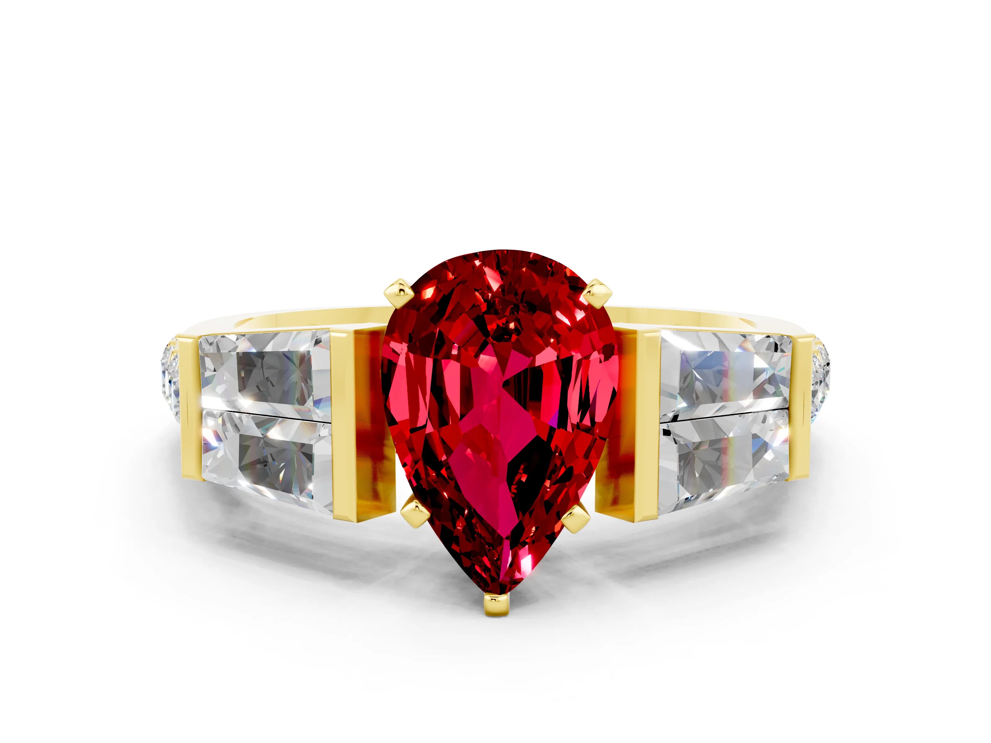 Yellow gold Pear Cut Ruby Engagement Ring with Baguette Side Stones and Channel Set Band